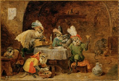 酒を飲み、タバコを吸うサル... 作： David the Younger Teniers