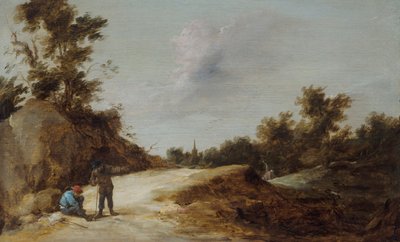 岩が多く、樹木が茂った風景の中の小道で休む農民 作： David Teniers the Younger
