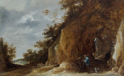 岩の多い森の中の道で休む農民たち 作： David Teniers the Younger
