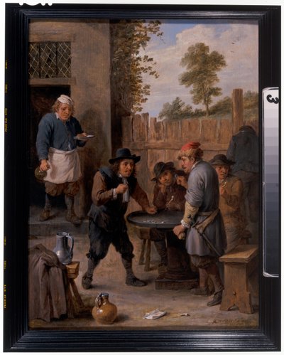 宿屋の外でサイコロ遊びをする農民たち 作： David the Younger Teniers