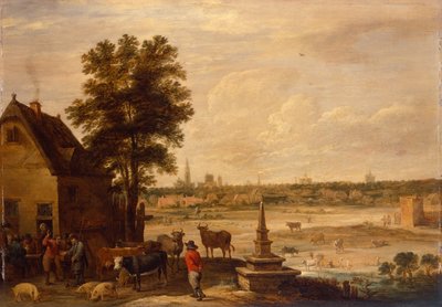 アントワープ市の国境での豚の売買をめぐって交渉する農民（パネルに油彩） 作： David Teniers the Younger
