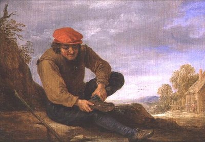 着席の男性が靴を脱いでいる（パネル） 作： David Teniers the Younger