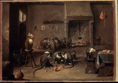 キッチンのサル。 David Teniers the Young（1610-1690）による絵画。 キャンバスに油彩、36 x 50.5 cm、1640 年頃。フラマン美術、バロック美術。 エルミタージュ美術館、サンクトペテルブルク。 作： David Teniers the Younger