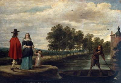 アーティスト、彼の邸宅の堀のそばの妻と子供、パーク（キャンバスに油彩） 作： David Teniers the Younger