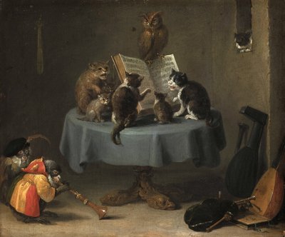 テニエの猫のコンサート、David、Younger（1610-1690）。 木に油彩、サイズ：26x31,5 作： David Teniers the Younger