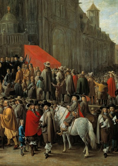 1652年のブリュッセルでの鳥撃ちのゲームポールの上部に置かれた木の鳥またはボール紙で作られたターゲットを撃つことからなるゲーム（詳細） 作： David Teniers the Younger