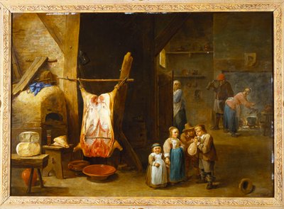 農民のコテージとブタの死体、膀胱を爆破する少年の内部、1646 作： David Teniers the Younger