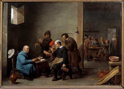 白い帽子の男 宿屋でパイプを吸う男たちのグループ。若き日のダヴィッド・テニアス2世（1610-1690）による絵画 作： David Teniers the Younger