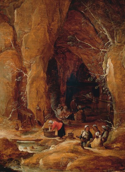 David Teniers II（1610-1690）による、洞窟の放浪者とウォッシャーウーマン 作： David Teniers the Younger