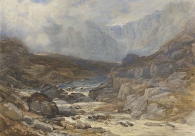 激流川のあるウェールズの山の風景 (紙にボディカラーと黒チョークの水彩画) 作： David the younger Cox