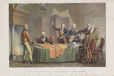 1813 年 11 月 21 日、オラニエ公の名において、三頭政治家による最高政府の受諾 オランダ政府をオランダに返還。 (1813 年 11 月 20 日) (オブジェクトのタイトル) 作： David van der Kellen