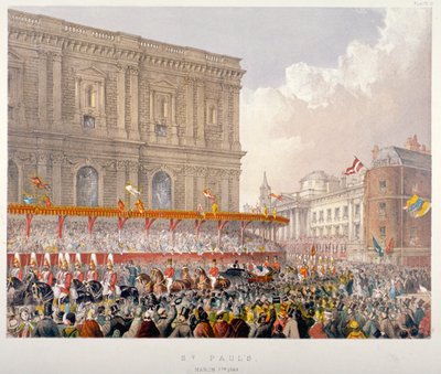 1863年、シティ・オブ・ロンドンのセント・ポール大聖堂の東端を通過する王室の行列 作： Day and Son