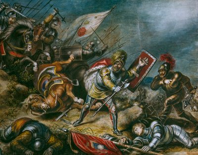 リチャード3世がボズワース野原で徒歩で戦う姿を描いた絵画。芸術作品。 作： Dean Conger