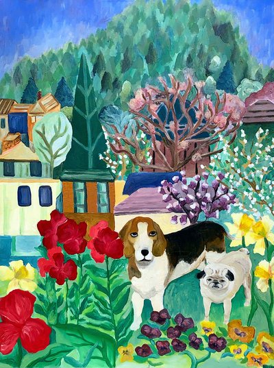 裏庭の犬たち, 2013 (キャンバスにアクリル) 作： デボラ・イブ・アラストラ