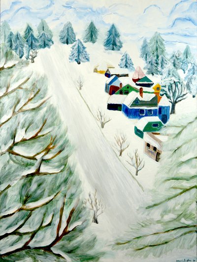 村の雪、2014年、キャンバスにアクリル 作： デボラ・イブ・アラストラ