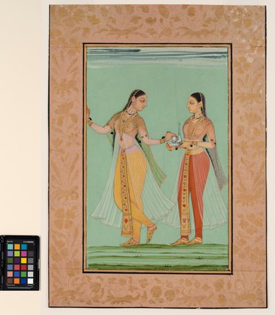 侍女に盆を差し出される立女 1670年頃（不透明水彩・金泥・紙 作： Deccani School