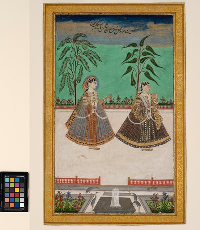 ゴルコンダのタナ・シャーのハレムから来た2人の女性 1800年頃（不透明水彩、金、紙、アルバムページに装着 作： Deccani School