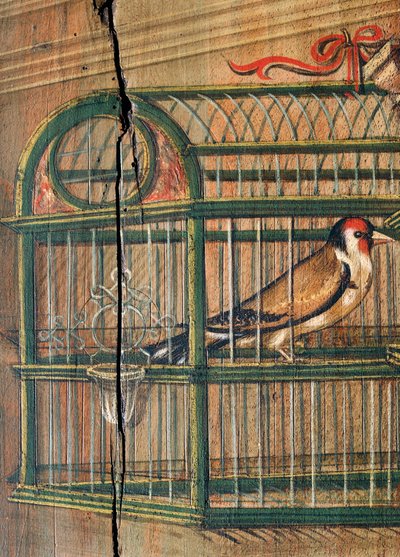 ビエラの聖ジェローム教会にある16世紀の聖歌隊席の後部に描かれた、ディフェンテ・フェラーリ（1480または1485-1540）の絵画の一部である「かごの中の鳥」。イタリア 作： Defendente Ferrari