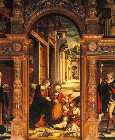 キリスト降誕図 16世紀の祭壇画の細部 ディフェンテ・フェラーリ（1480または1485-1540）作 イタリア、ブッティリエラ・アルタ、ランヴェルソの聖アンソニー修道院 作： Defendente Ferrari
