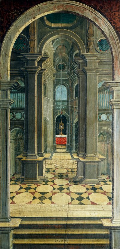 ディフェンテ・フェラーリ（1480または1485-1540）が描いたパースペクティブ（16世紀の聖歌隊席の後部に描かれたもの）、イタリア、ビエラの聖ジェローム教会 作： Defendente Ferrari