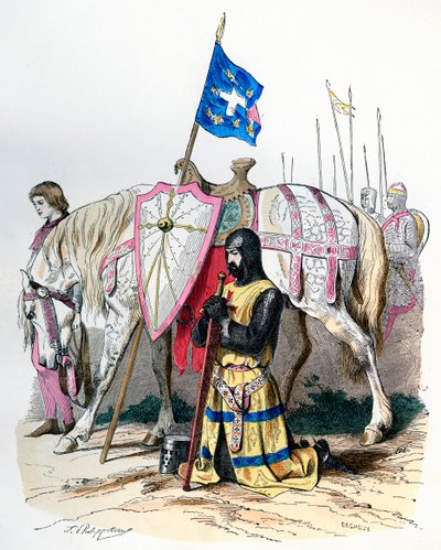 2番目の十字軍、1146 1882-1884に出発する前に祈りを言っている騎士。 作： Deghouy
