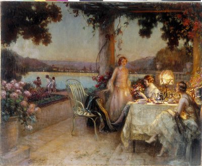 夜はテラスで。 Delphin Enjolras（1857-1945）による絵画、必須の言及：コレクション財団はプロヴァンスを尊重しています。 マルセイユ (cm 57x73) DR 作： Delphin Enjolras