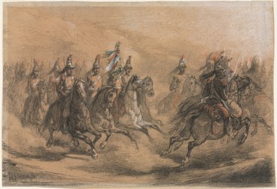 騎兵隊の突撃、1840年頃（黒、赤、黄、青、白チョーク） 作： Denis Auguste Marie Raffet