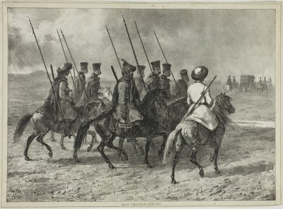 1837 年 10 月 11 日、タマン (中央ロシア)、クバンの国境へのコサックの護衛 作： Denis Auguste Marie Raffet