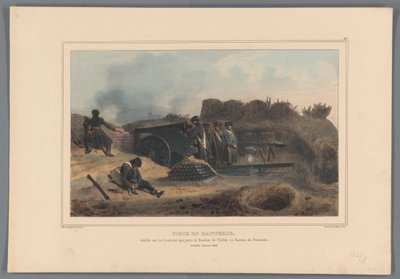 戦闘中のゲシュト、1832 年 トレドの砦とフェルナンドの砦をつなぐコートヌ川に設置されたバッテリーの一部 (オブジェクトのタイトル) Raffet によるアントワープ城塞の包囲戦での生活から作成された図面 (オブジェクトのシリーズ タイトル) 作： Denis Auguste Marie Raffet