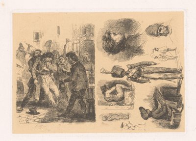 男性のグループ、その隣に兵士を含む構図 クロッキー; 革命の舞台 作： Denis Auguste Marie Raffet