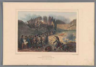 グループ兵士のトレッキング ドアと柵の開口部、1832 年 カポニエ、半月の前の柵で囲まれた作品（オブジェクトのタイトル） Raffet によるアントワープの城塞の包囲で自然から作られた図面 (オブジェクトのシリーズ タイトル) 作： Denis Auguste Marie Raffet