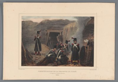 軍隊の bij een mijngang、1832 年 溝下りの連絡（オブジェクトのタイトル） Raffet によるアントワープの城塞の包囲で自然から作られた図面 (オブジェクトのシリーズ タイトル) 作： Denis Auguste Marie Raffet