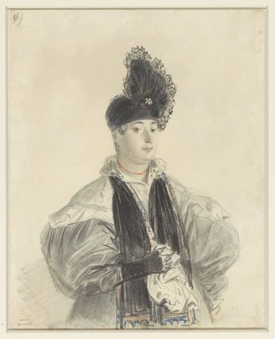 黒いスカーフと黒い帽子をかぶった立っている女性の肖像画 作： Denis Auguste Marie Raffet