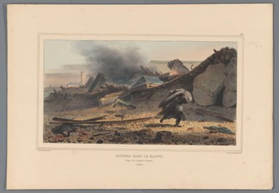 廃墟、1832年 バーニュの遺跡 (オブジェクトのタイトル) Raffet によるアントワープ城塞の包囲戦での生活から作られたドローイング (オブジェクトのシリーズ タイトル) 作： Gilhaut Freres