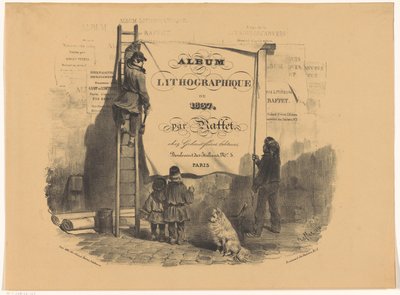 壁にポスターを貼る男性2人 アルバム lithographique de 1837 (オブジェクトのシリーズ タイトル) 作： Denis Auguste Marie Raffet