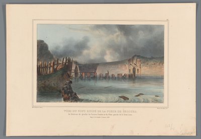 ヴェルニエル・ド・ブルグ、1832年 レスキュー ゲートの台無しにされた橋、バスティオン パチョートの左リエントラント、および半月の左側面のビュー (オブジェクトのタイトル) Raffet によるアントワープ城塞の包囲で自然から作られた図面 (objec のシリーズ タイトル) 作： Denis Auguste Marie Raffet