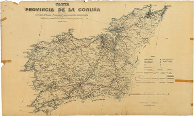 ア・コルーニャ州の地図と州道、県道、補助金付きの近隣道路。 閣下の同意により掲載。 州委員会 作： Deputación da Coruña