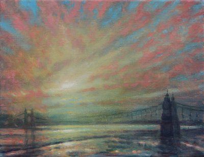 ハマースミス橋の夕日、2022年（キャンバスに油彩） 作： Derek Hare