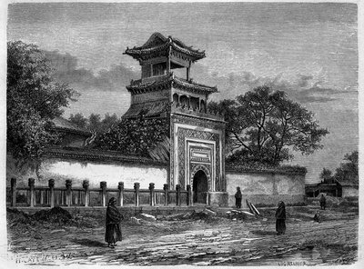 1870年代のペキン（北京）のモスク。エドゥアール・シャルトン編『Le Tour du Monde, Nouveau journal des Voyages』（パリ）に掲載されたデロイの絵をもとにしたエングレービング 作： Deroy (after)