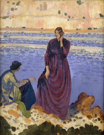 海沿いの岩の上の2人の女性、 作： Derwent Lees