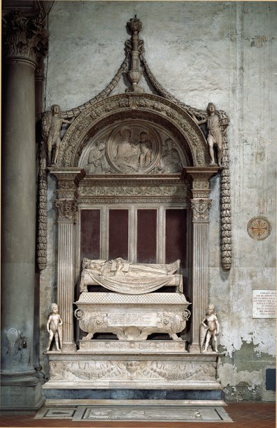 フィレンツェ共和国の宰相カルロ・マルスッピーニ（1399-1453）の墓、デシデリオ・ダ・セッティニャーノ（約1430-1464）作、1453年頃。フィレンツェ、サンタ・クローチェ教会（Chiesa di Santa Croce 作： Desiderio da Settignano