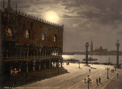 月明かりに照らされたピアツェッタとサン・ジョルジョ、ヴェネツィア、イタリア、1890-1900年頃（フォトクローム写真） 作： Detroit Publishing Co.