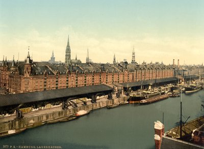 ドックの倉庫、ハンブルク、ドイツ、フォトクロムプリント、1900年頃 作： Detroit Publishing Co.