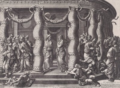 キリストと姦淫の女、1575年、1613年に再出版。 作： ダイアナ・マントゥアナ