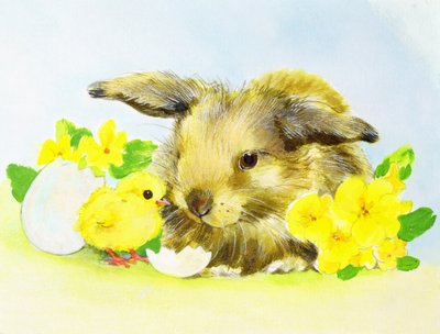 月見草とひよこイースターバニー 作： Diane Matthes