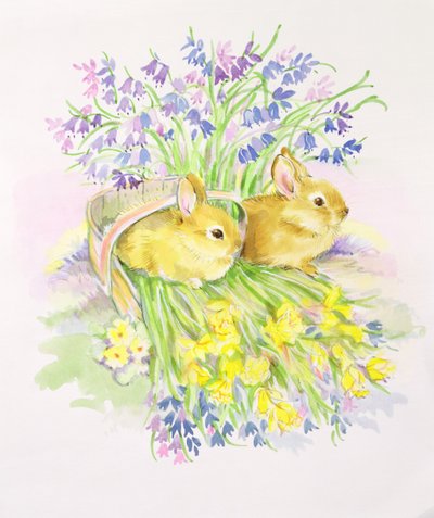 水仙とブルーベルのバスケットのウサギ 作： Diane Matthes