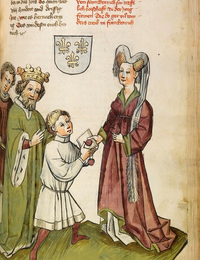 百年戦争 (1337-1453): 神聖帝国 (Holy Empire) のジギスムント 1 世 (1368-1437) とジャンヌ ダルク (1412-1431) の出会い - ジャンヌ ダルクの前の皇帝ジギスムント - ダイボールド ワークショップ ミニチュア ラウバー (1427 年以前 - 1471年以降)「Le livre de」より引用 作： Diebold (workshop) Lauber