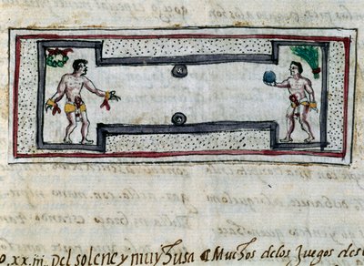 ペロタゲームをするアステカ人、Diego Duran（1537-1588）の「Historia de las Indias」のミニチュア、1579年の写本 作： Diego Duran