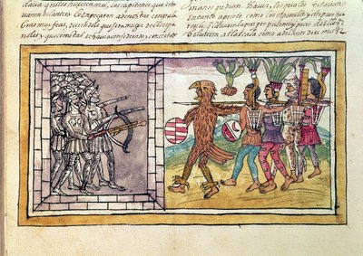 コーデックスデュラン：アステカ族の戦士に包囲されたヘルナンドコルテス（1485-1547）の武装集団、ペドロデアルバラド（c.1485-1541） 作： Diego Duran
