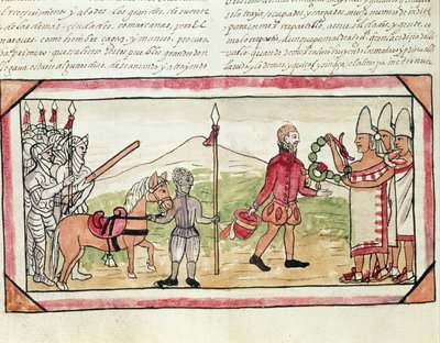 Fol.208vエルナンドコルテス（1485-1547）とモンテスマ（1466-1520）のミーティング、ディエゴデュランの「インディアンの歴史」からのミニチュア、1579 作： Diego Duran
